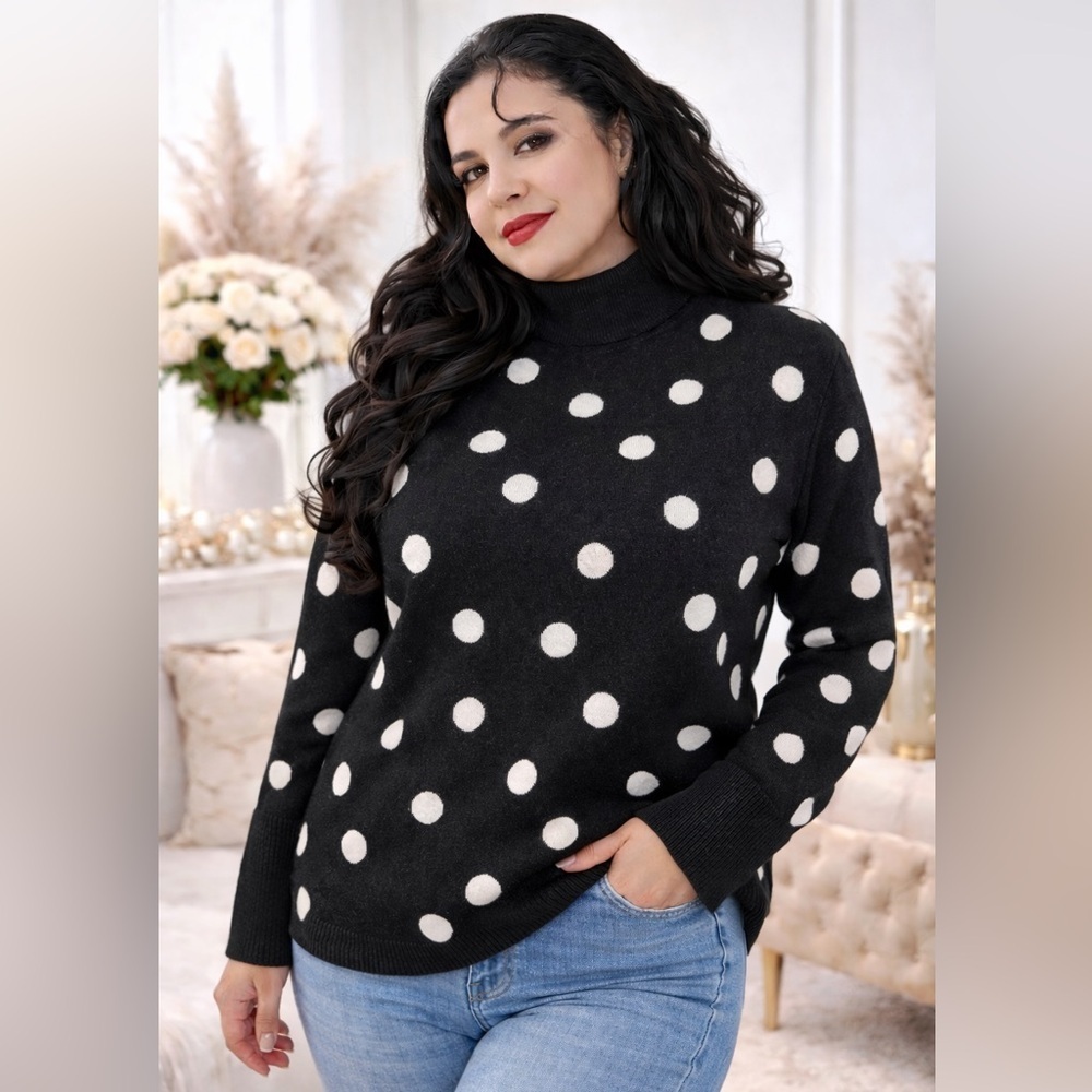 Ann Taylor Black & White Polka Dot Turtleneck Sweater Sz L Soft Knit Classic - Picture 1 of 12